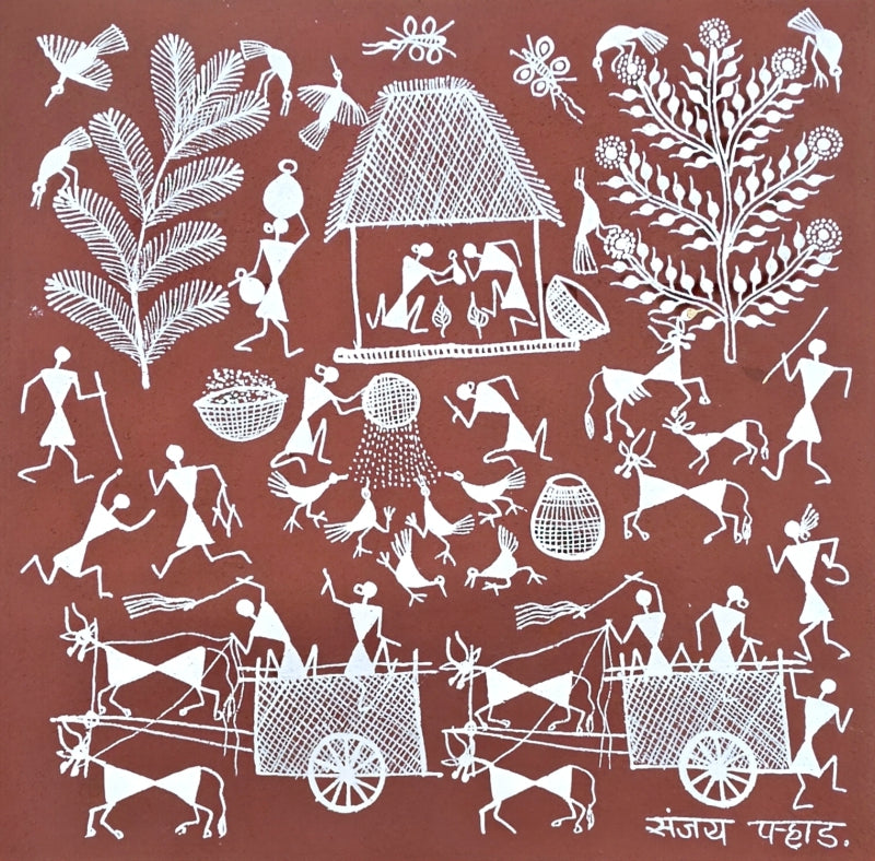 Warli Art 75' figurative warli Traditional Art by artist Sanjay Parhad, 9x9 inch, on cloth