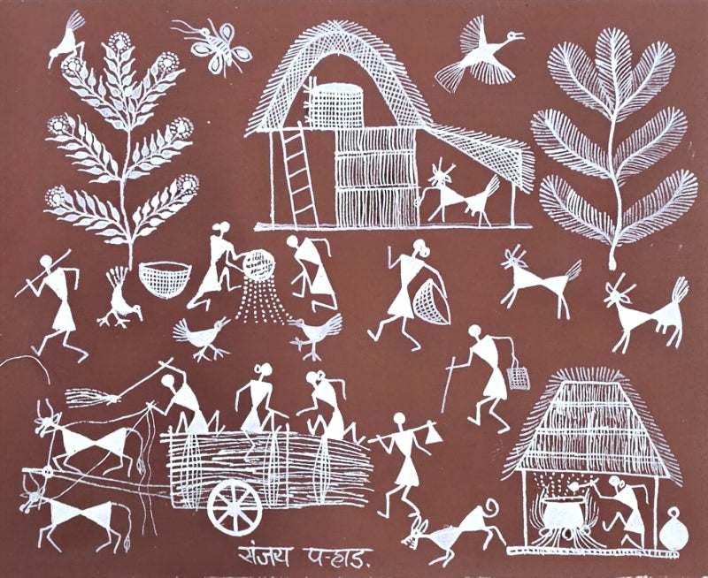 Warli Art 76' figurative warli Traditional Art by artist Sanjay Parhad, 9x11 inch, on cloth