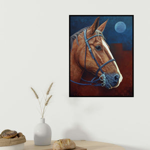 Ramesh Das's 'Warrior (Moonlight Serenade)' painting visualized above a sofa in a contemporary room.