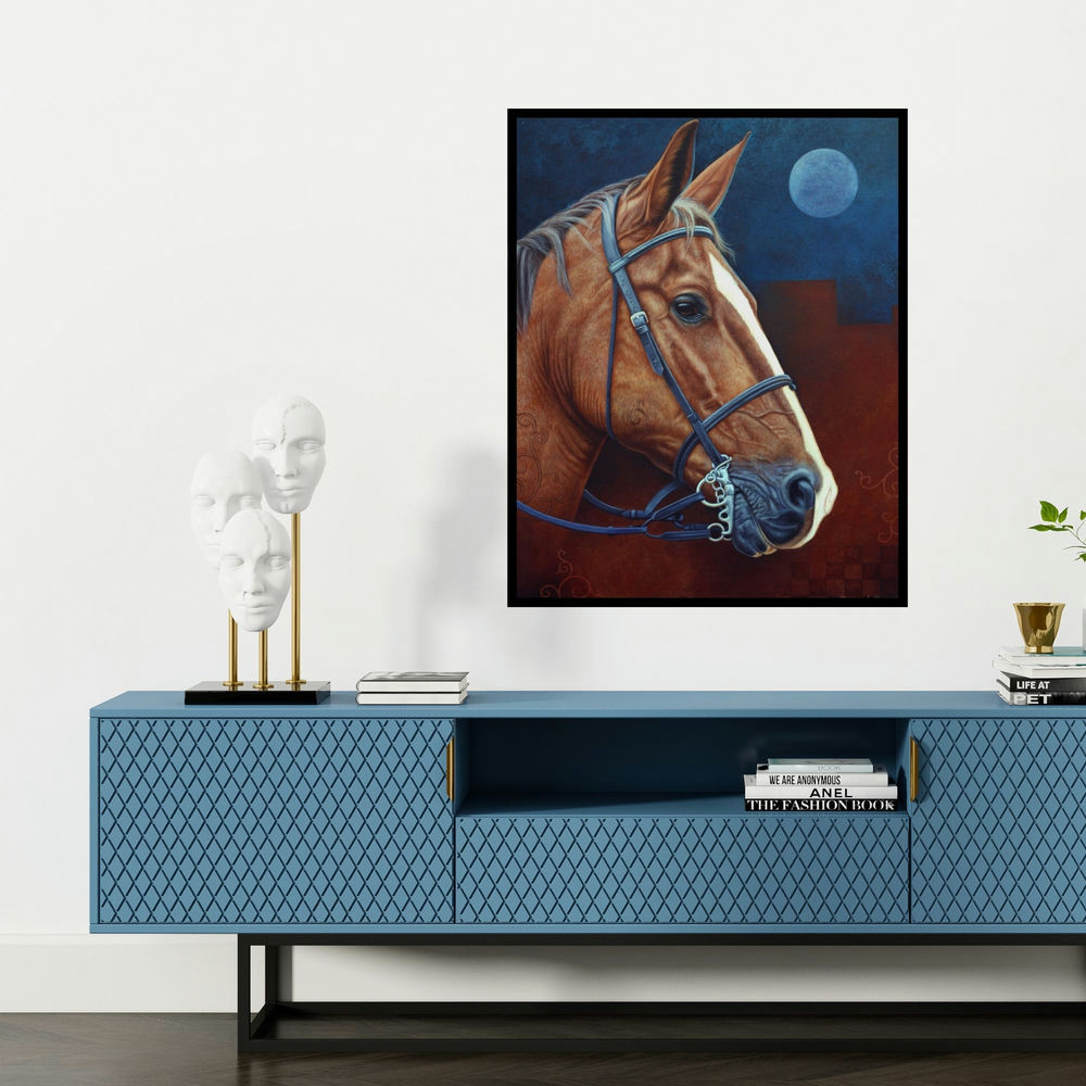 'Warrior (Moonlight Serenade)' painting by Ramesh Das shown on a wall in a furnished room.