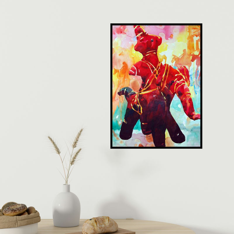 In-situ view of Manas Biswas's 'Warrior (Crimson Charger)' painting in a room