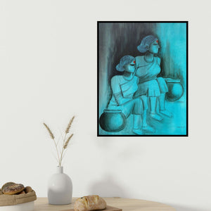 Janaki Injety's 'Watching (Two Women with Water Pots)' painting visualized above a sofa in a contemporary room.