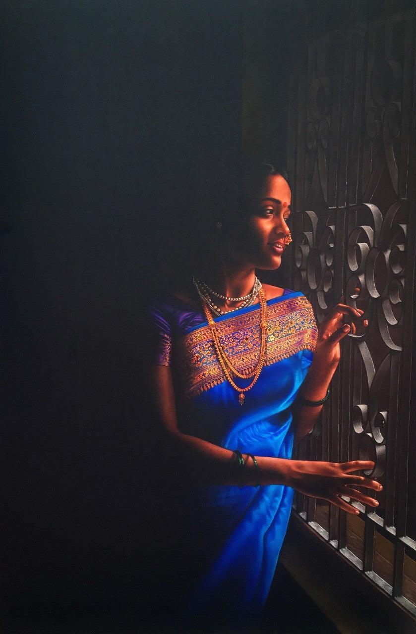 Realistic color pencil drawing titled 'Watching Outside', 60x40 inches, by artist Shashikant Dhotre on Paper