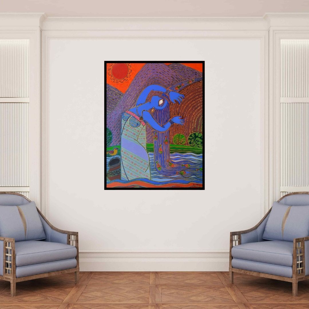 In-situ view of Santanu Nandan Dinda's 'WaterFall (The Rivers Embrace)' painting in a room