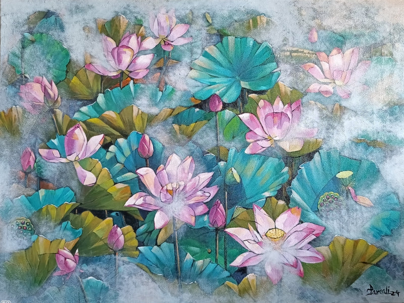 Water Lilies' nature acrylic painting by artist Tamali Das, 20x24 inch, on canvas