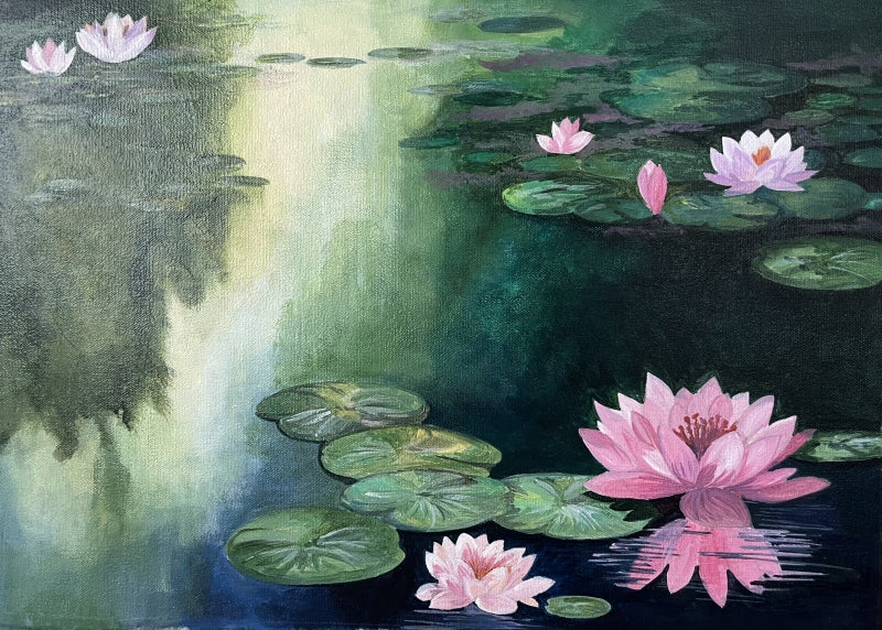 Water Lilies' nature acrylic painting by artist Gargi Kadoo, 14x19 inch, on canvas