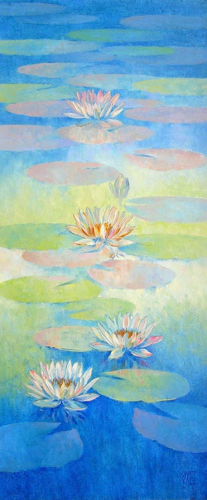 Water Lilies 69 (Serene Water Lilies) by Swati Kale, Original Oil Nature Painting on Canvas, Medium Vertical Wall Art