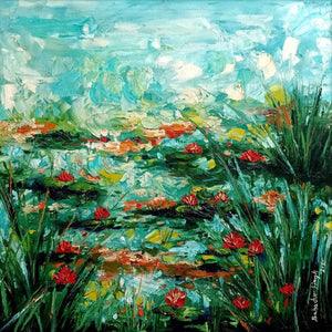 Nature oil painting titled 'Water Lilly', 39x39 inches, by artist Bahadur Singh on Canvas