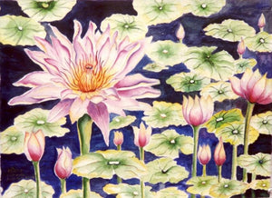 Water Lily (Serenity in Bloom) by Subodh Maheshwari, Original Watercolor Nature Painting on Paper, Small Horizontal Wall Art