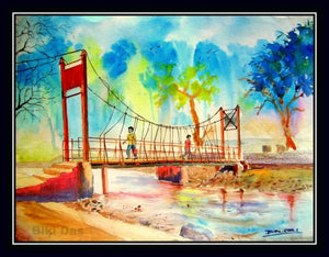Landscape watercolor painting titled 'Water pool nd Backgraound hill', 30x22 inches, by artist Biki Das on Handmade Paper