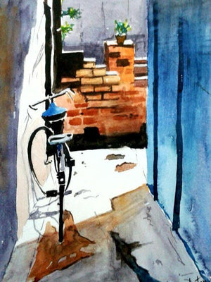 Watercolor 1 (Hidden Rhythms) by Chetan Agrawal, Original Watercolor Cityscape Painting on Handmade Paper, Small Vertical Wall Art
