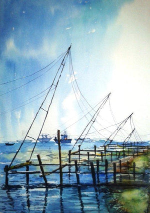 Watercolor 3 (Coastal Harmony) by Chetan Agrawal, Original Watercolor Landscape Painting on Handmade Paper, Small Vertical Wall Art