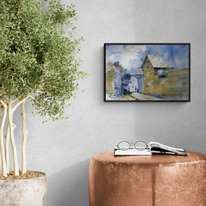 Sachin Naik's 'Watercolour Landscapes (Gateway to the Past)' Painting visualized above a sofa in a contemporary room