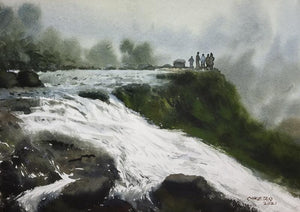 Waterfall (On the Precipice of Grandeur) by Niketan Bhalerao, Original Watercolor Nature Painting on Paper, X-Small Horizontal Wall Art