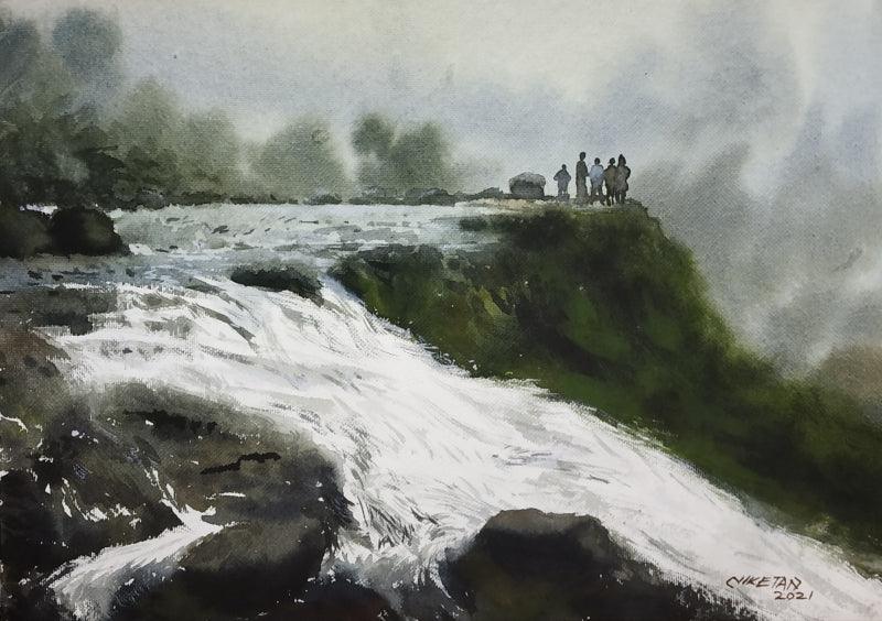 Nature watercolor painting titled 'Waterfall', 14x10 inches, by artist Niketan Bhalerao on Paper