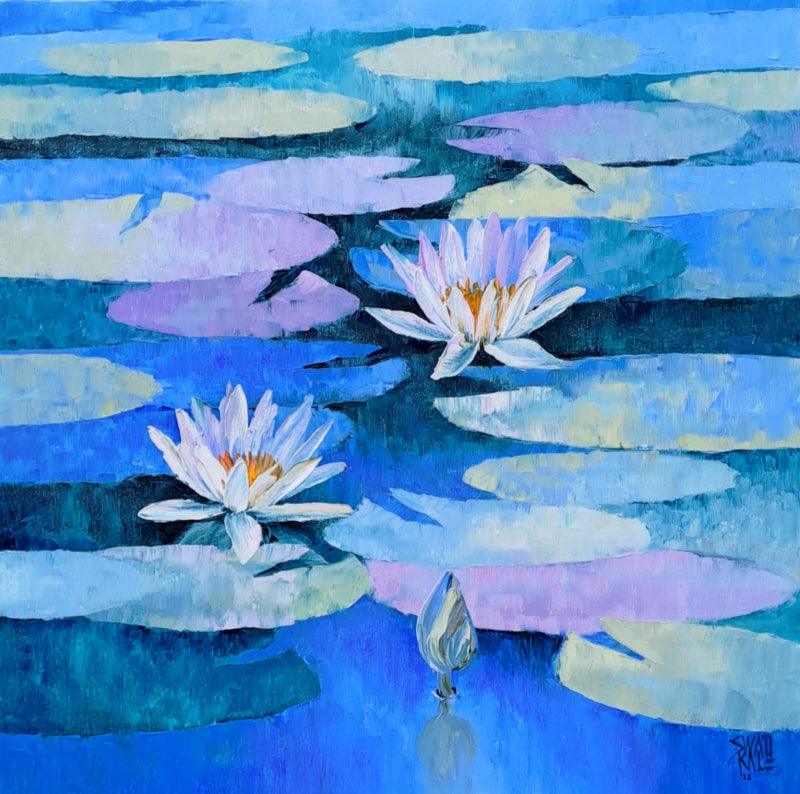 Nature oil painting titled 'Waterlilies 1', 24x24 inches, by artist Swati Kale on Canvas