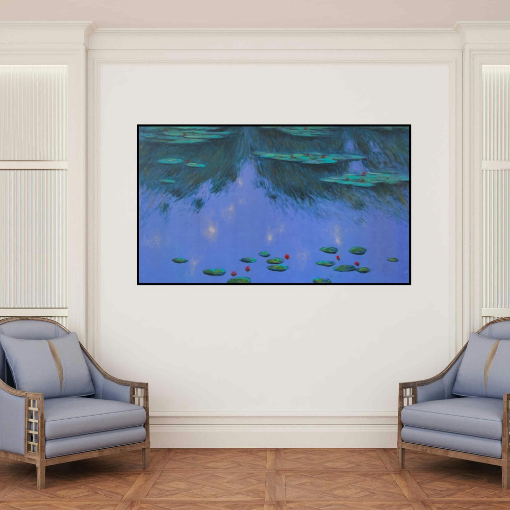 'Waterlilies 1 (Twilight Water Lilies)' painting by Chaitan Bhosale shown on a wall in a furnished room.
