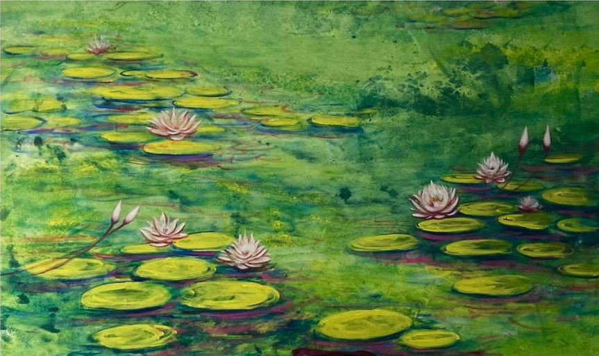 Waterlilies 1' nature acrylic painting by artist Chaitan Bhosale, 36x60 inch, on canvas