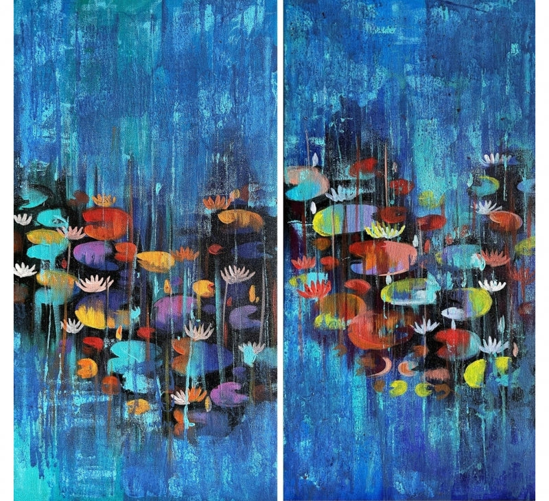 Waterlilies 12 (Diptych)' nature acrylic painting by artist Arundhati Pise, 24x24 inch, on canvas