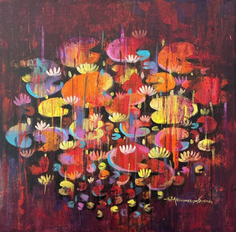Waterlilies 13' nature acrylic painting by artist Arundhati Pise, 18x18 inch, on canvas