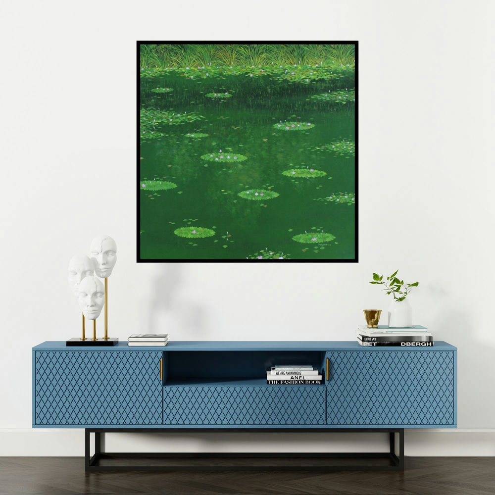 'Waterlilies 2 (Still Waters)' painting by Shirish Ambekar shown on a wall in a furnished room.