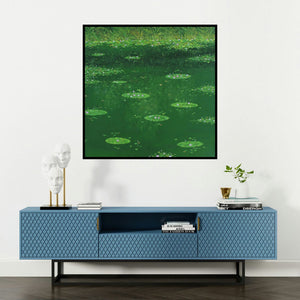 'Waterlilies 2 (Still Waters)' painting by Shirish Ambekar shown on a wall in a furnished room.