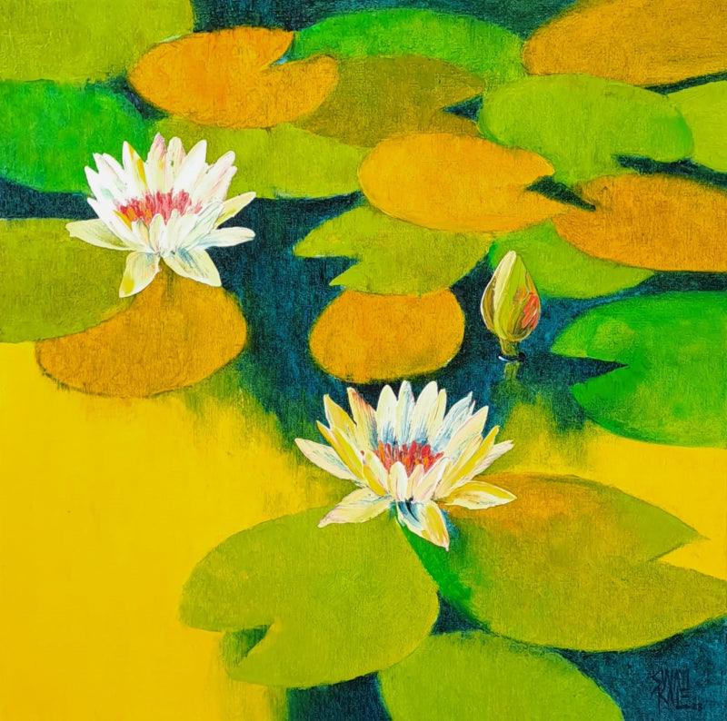 Nature oil painting titled 'Waterlilies 2', 24x24 inches, by artist Swati Kale on Canvas