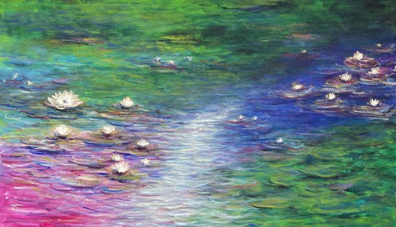 Nature acrylic painting titled 'Waterlilies 2', 36x60 inches, by artist Chaitan Bhosale on Canvas