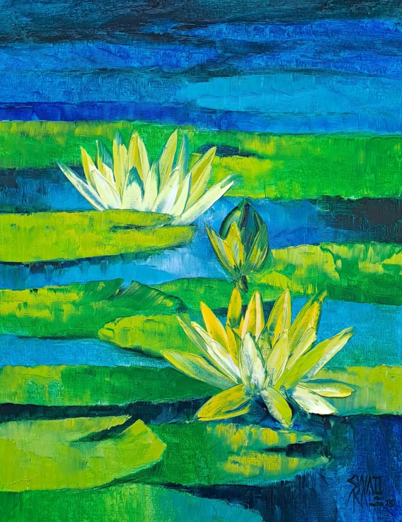 Waterlilies 2' nature oil painting by artist Swati Kale, 18x14 inch, on canvas