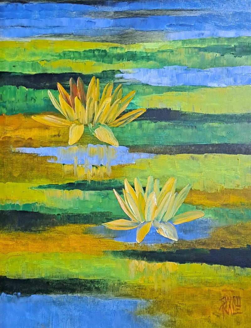 'Waterlilies 2' nature oil painting by artist Swati Kale, 18x14 inch, on canvas
