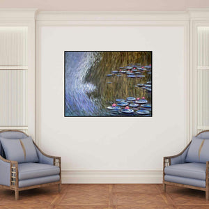 'Waterlilies 4 (Serene Water Lilies)' painting by Chaitan Bhosale shown on a wall in a furnished room.