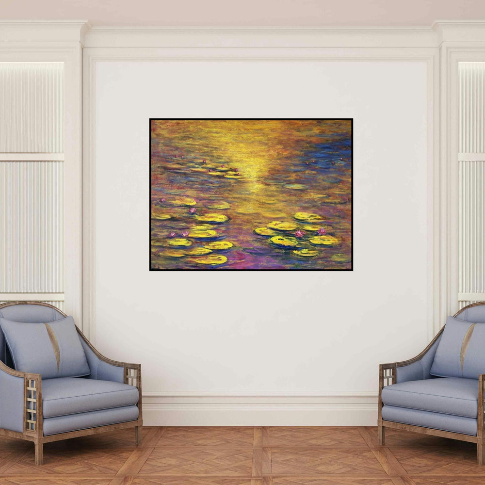 'Waterlilies 5 (Golden Pond)' painting by Chaitan Bhosale shown on a wall in a furnished room.