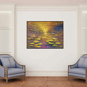 'Waterlilies 5 (Golden Pond)' painting by Chaitan Bhosale shown on a wall in a furnished room.