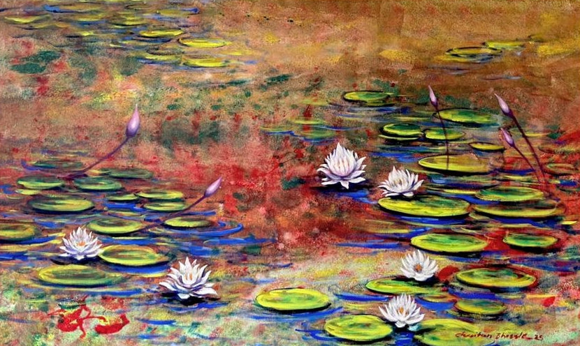 Waterlilies 6' nature acrylic painting by artist Chaitan Bhosale, 36x60 inch, on canvas