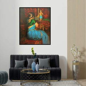 'Wating' painting by Vijay Jadhav shown on a wall in a furnished room.