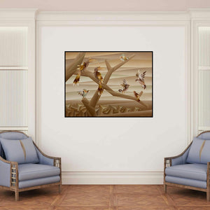 'Way Of Sitting (Avian Geometrics)' painting by Nirakar Chowdhury shown on a wall in a furnished room.