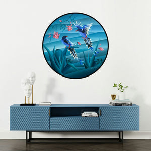 'Way Of Sitting 3 (Azure Encounter)' painting by Nirakar Chowdhury shown on a wall in a furnished room.