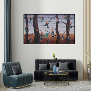 Nirakar Chowdhury's 'Way Of Sitting' painting visualized above a sofa in a contemporary room.
