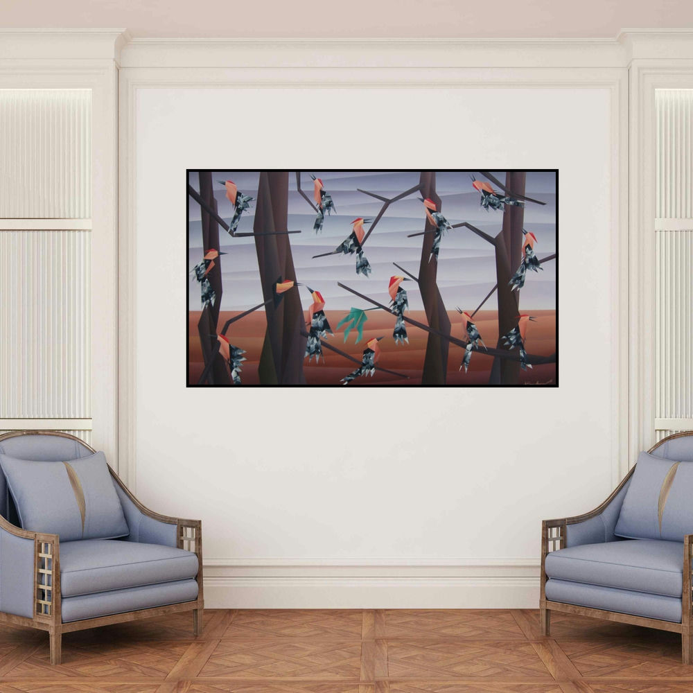 'Way Of Sitting' painting by Nirakar Chowdhury shown on a wall in a furnished room.