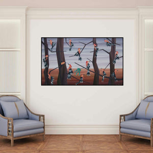 'Way Of Sitting' painting by Nirakar Chowdhury shown on a wall in a furnished room.