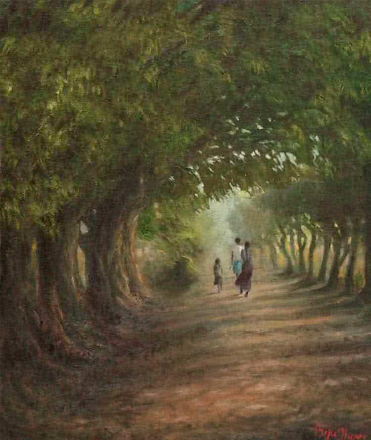 Landscape oil painting titled 'Way to the village', 16x20 inches, by artist Biju Thomas on Canvas