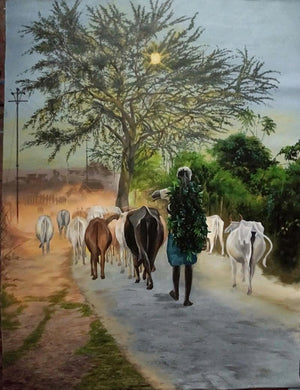 Way To Work by Lisha N T, Original Acrylic Landscape Painting on Canvas, Medium Vertical Wall Art