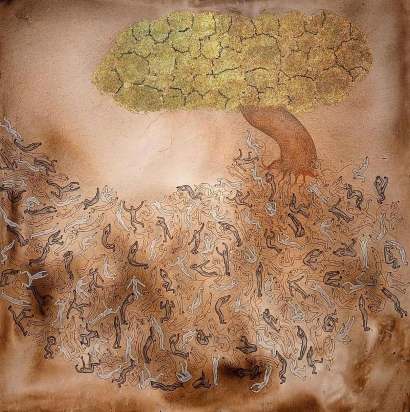 We Are Children Of The Same Mother' contemporary mixed-media painting by artist Santosh Pattar, 60x60 inch, on canvas