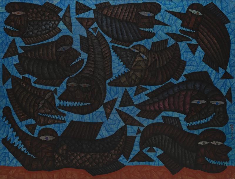 'We Are Fishes' contemporary acrylic painting by artist Arunangshu Roy, 36x48 inch, on canvas