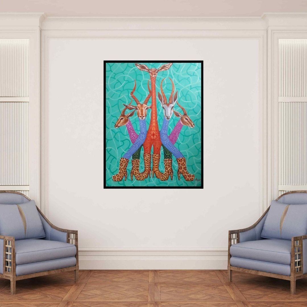 In-situ view of Arvind Dubey's 'We Can (Fashionable Antelopes)' painting in a room