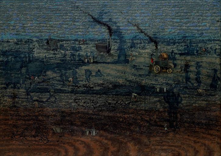 Landscape mixed media painting titled 'We Make Lots Of Body Action Painting Daily', 60x84 inches, by artist Balaji Ponna on Canvas