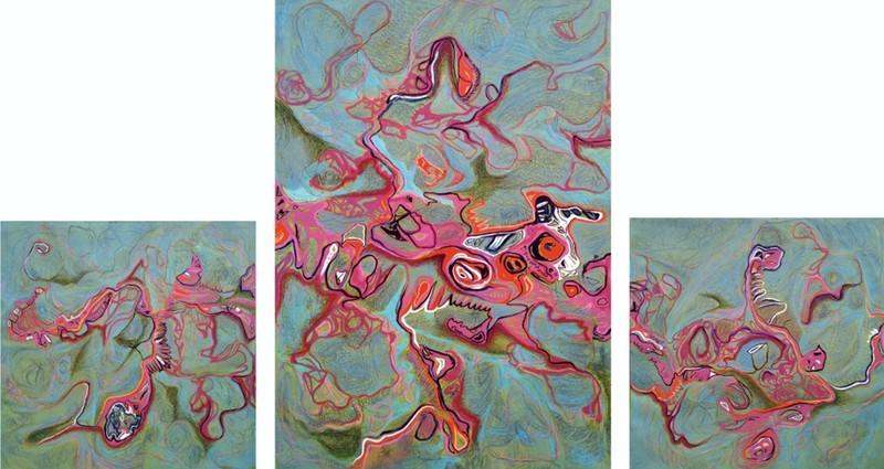 Abstract mixed media painting titled 'We Three', 36x84 inches, by artist Vanchha Dixit on Canvas