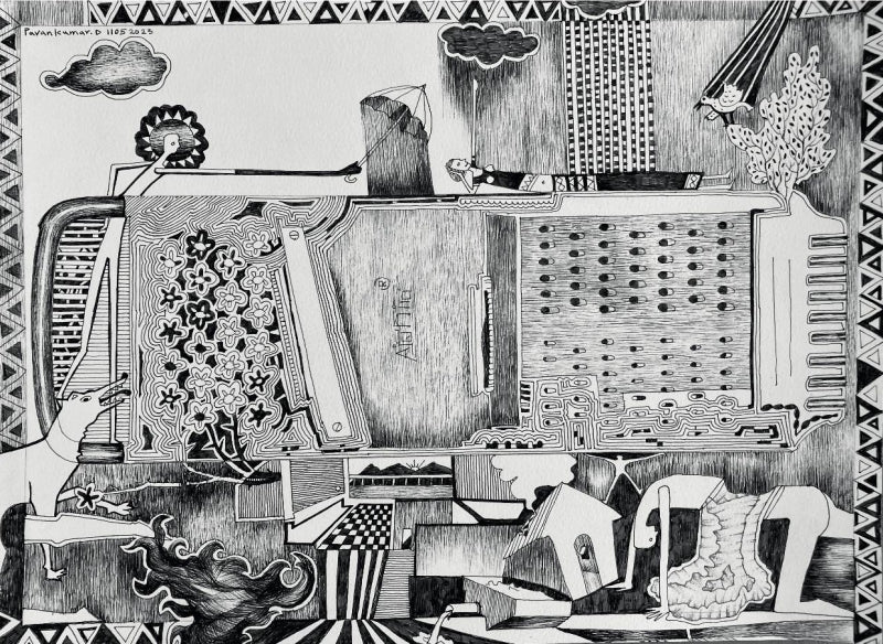 We Will Make It Together 1' contemporary pen-ink drawing by artist Pavan Kumar D, 11x15 inch, on paper