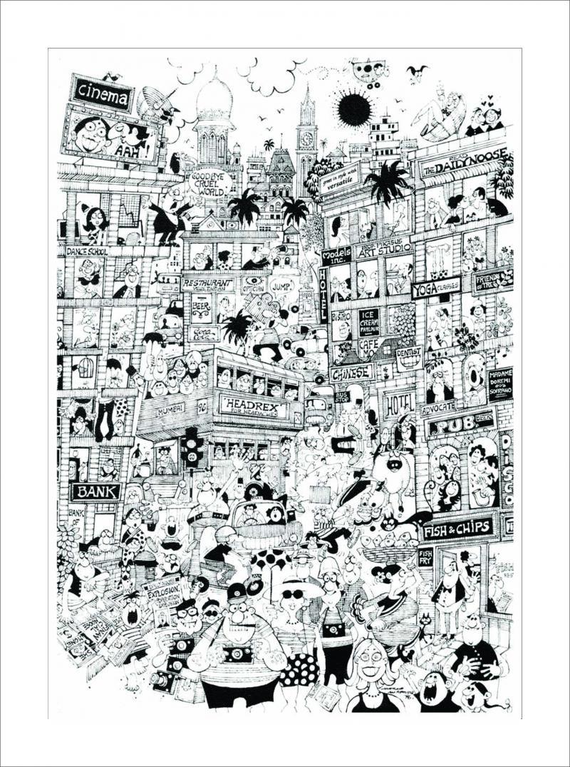 Cityscape pen ink painting titled 'Welcome to Bombay', 29x21 inches, by artist Mario Miranda on Paper