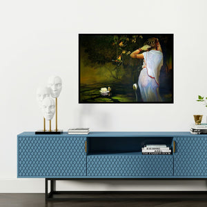 Preview of 'Wet Lady' Painting by Amit Bhar shown on a wall in a furnished room.